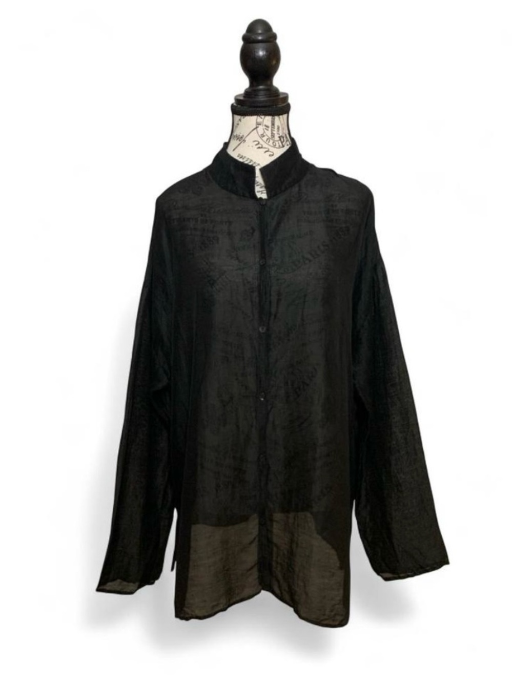 Eileen Fisher Black Linen Silk Sheer Collared Button-Front Blouse Womenās L